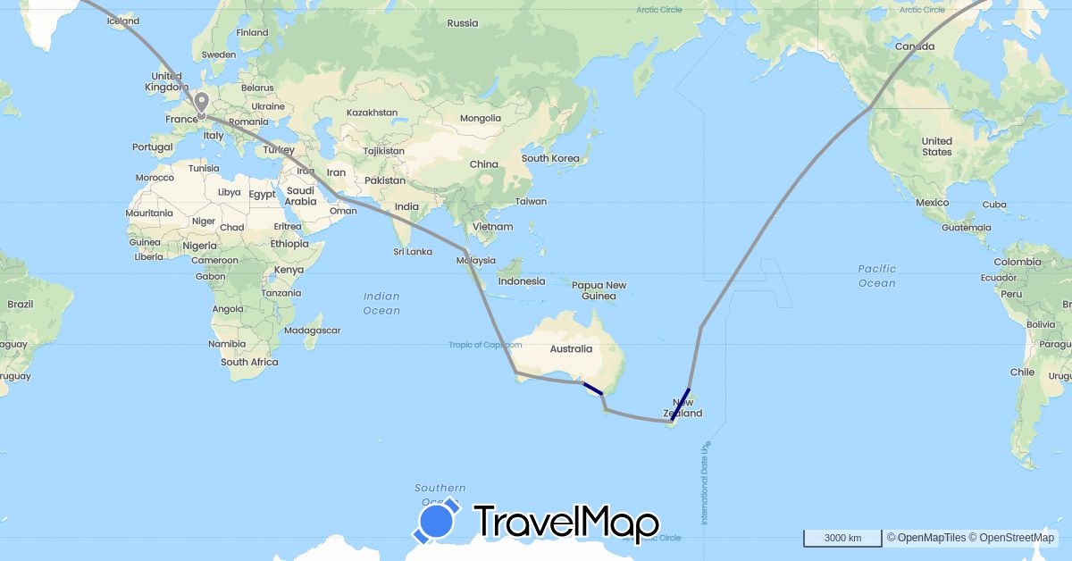 TravelMap itinerary: driving, plane in United Arab Emirates, Australia, Canada, Switzerland, Fiji, New Zealand, Thailand (Asia, Europe, North America, Oceania)